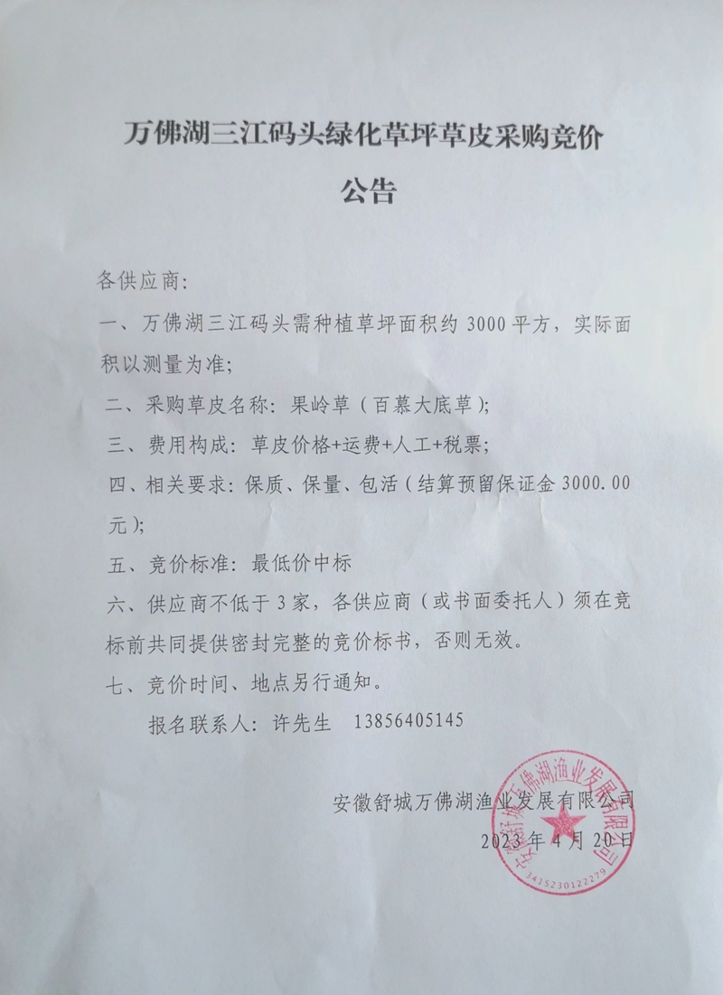 DB视讯三江码头绿化草坪草皮采购竞价公告